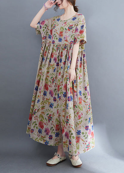 O-neck Cinched Extra Large Hem Print Holiday Dresses Short Sleeve