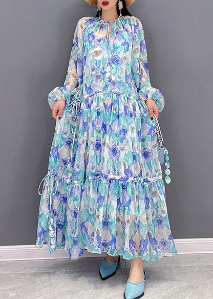 O-neck Drawstring Wrinkled Print Chiffon Long Dresses Lantern Sleeve