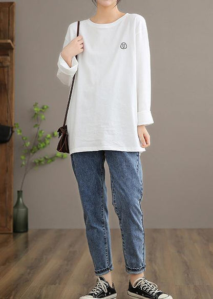 Elegant O Neck Linen Spring Blouse Fabrics White Smiling Face Blouse