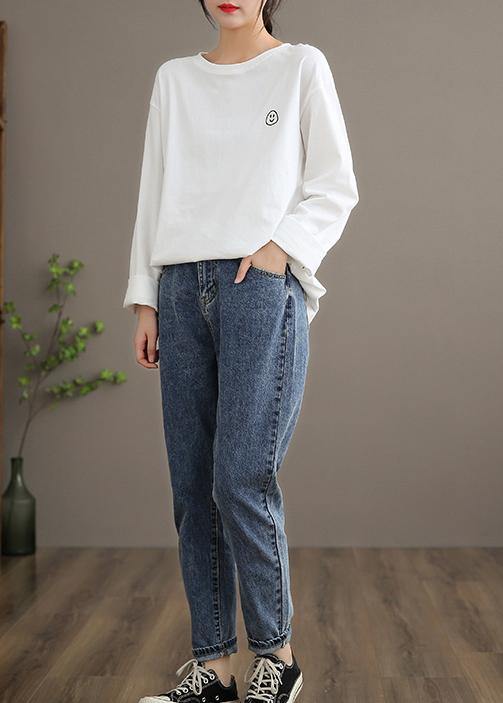 Elegant O Neck Linen Spring Blouse Fabrics White Smiling Face Blouse