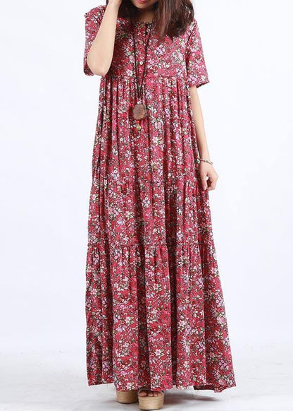 O Neck Patchwork Summer Dress Sewing Red Print Loose Dress