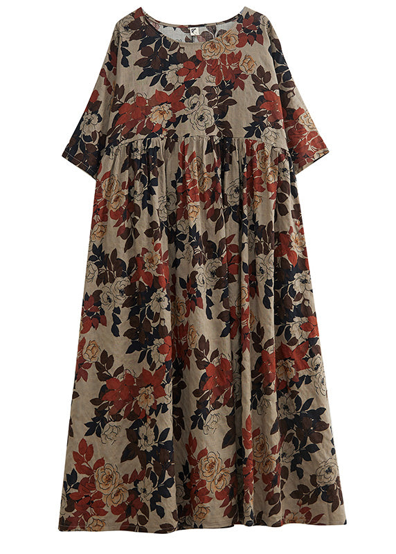 O-neck Print Patchwork Long Dresses Short Sleeve