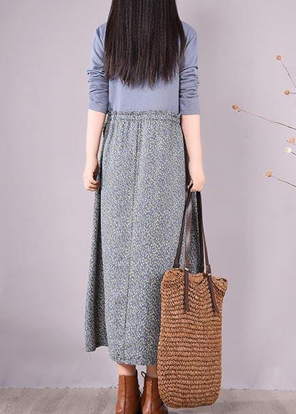 O Neck Spring Wardrobes Sewing Blue Patchwork Print Art Dresses