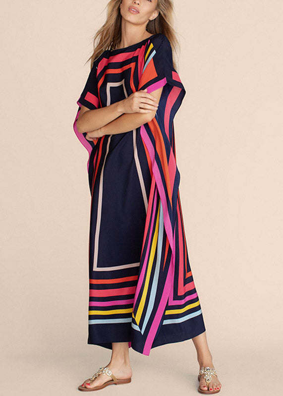 O-neck Striped Patchwork Side Open Maxi Beach Dresses Short Sleeve