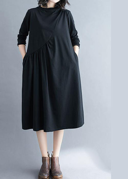 O Neck Wrinkled Spring Tunics Outfits Black Maxi Dress