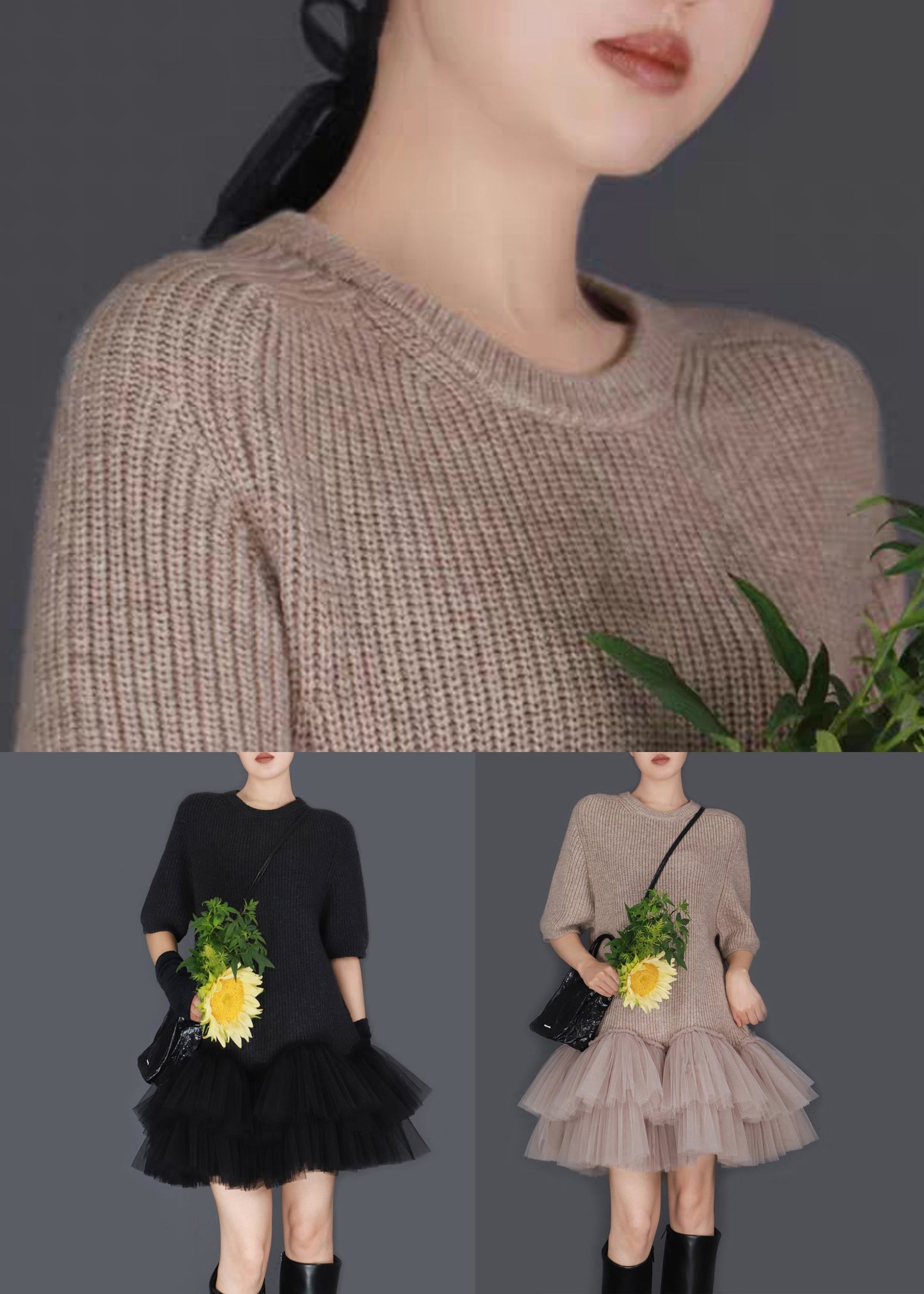 Oatmeal Color O Neck Wrinkled Tulle Patchwork Knit Sweater Dress