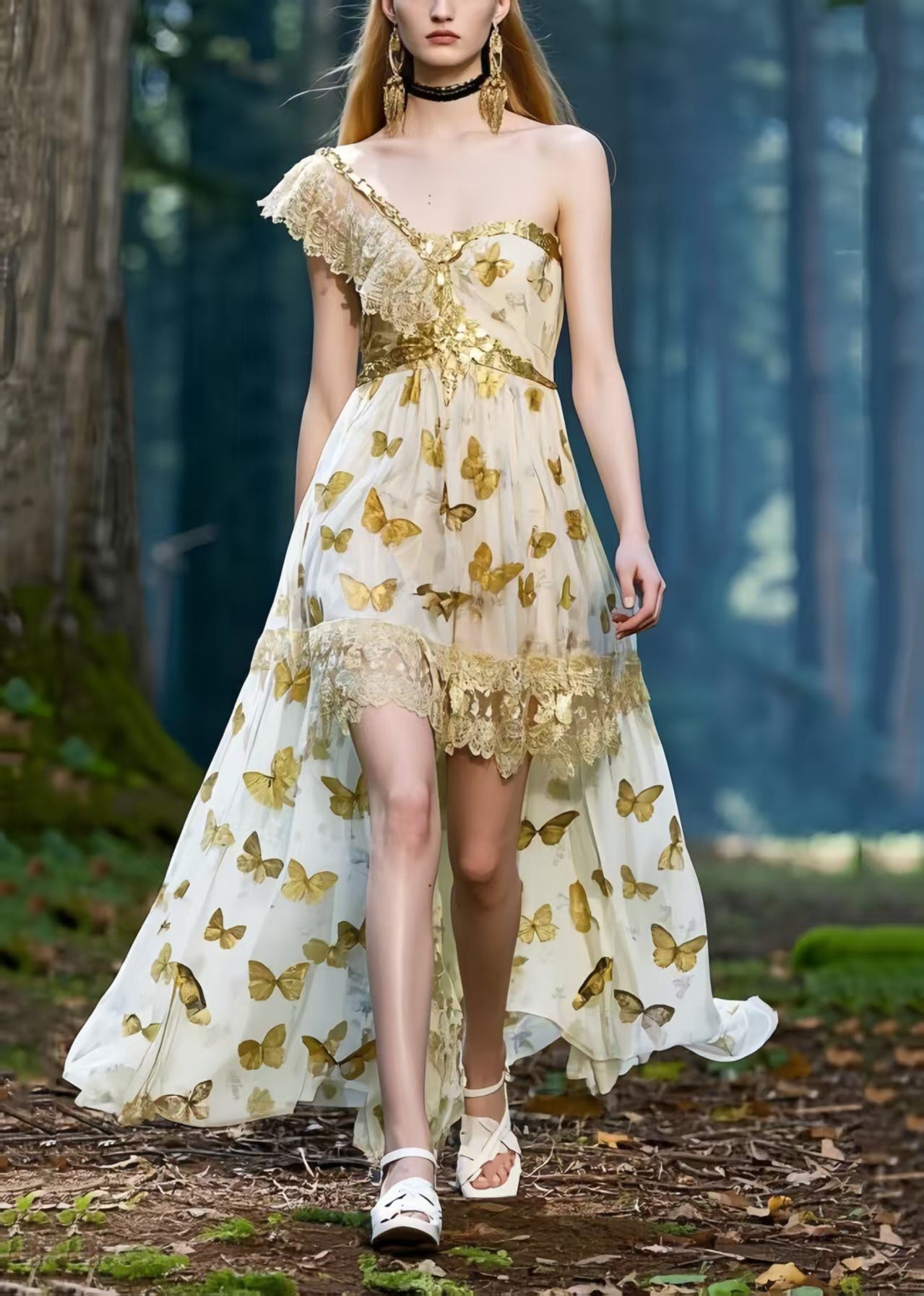 One Shoulder Butterfly Print Chiffon Vestidos Dresses Summer