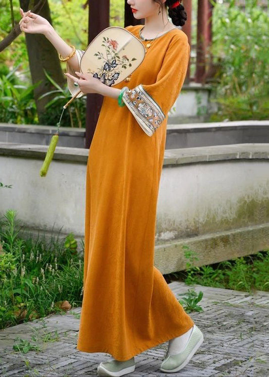 Orange Button Print Silk Long Dresses Bracelet Sleeve