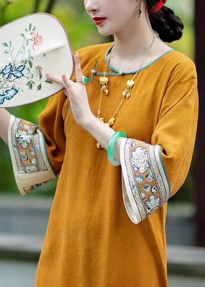 Orange Button Print Silk Long Dresses Bracelet Sleeve