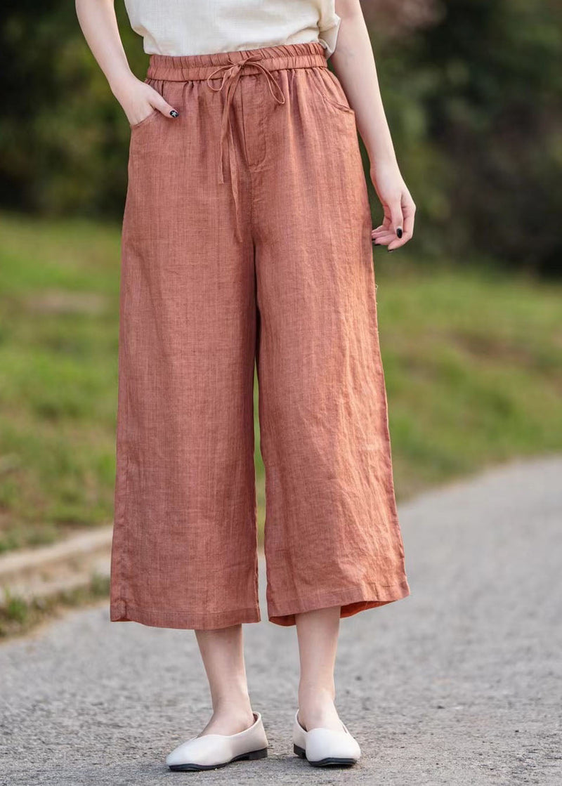 Orange Elastic Waist Linen Crop Pants Summer