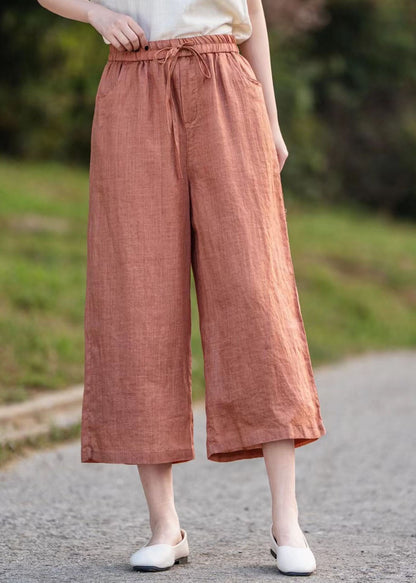 Orange Elastic Waist Linen Crop Pants Summer