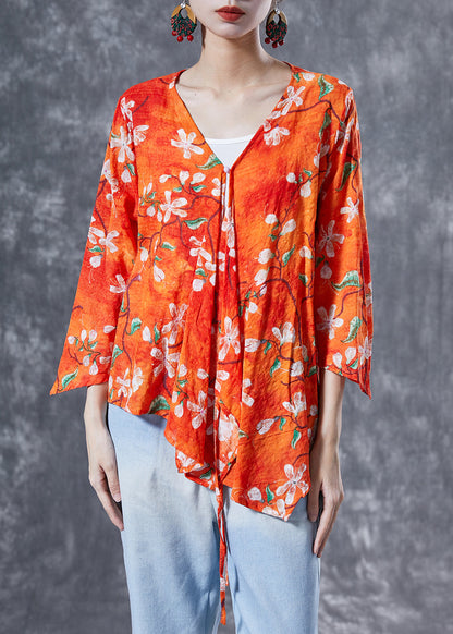 Orange Flower Print Lace Up Cotton Shirt Tops Bracelet Sleeve