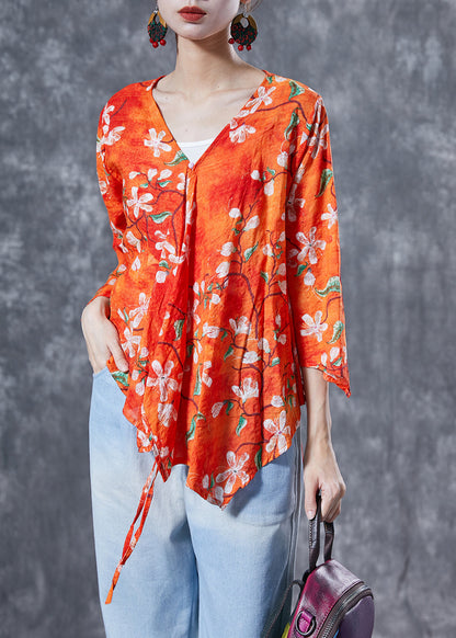 Orange Flower Print Lace Up Cotton Shirt Tops Bracelet Sleeve