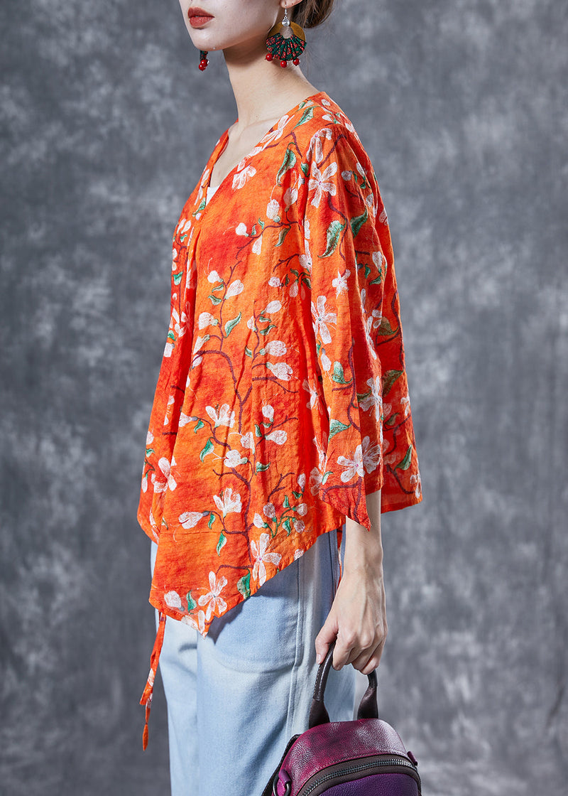 Orange Flower Print Lace Up Cotton Shirt Tops Bracelet Sleeve