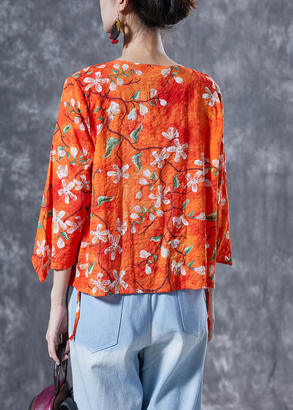 Orange Flower Print Lace Up Cotton Shirt Tops Bracelet Sleeve