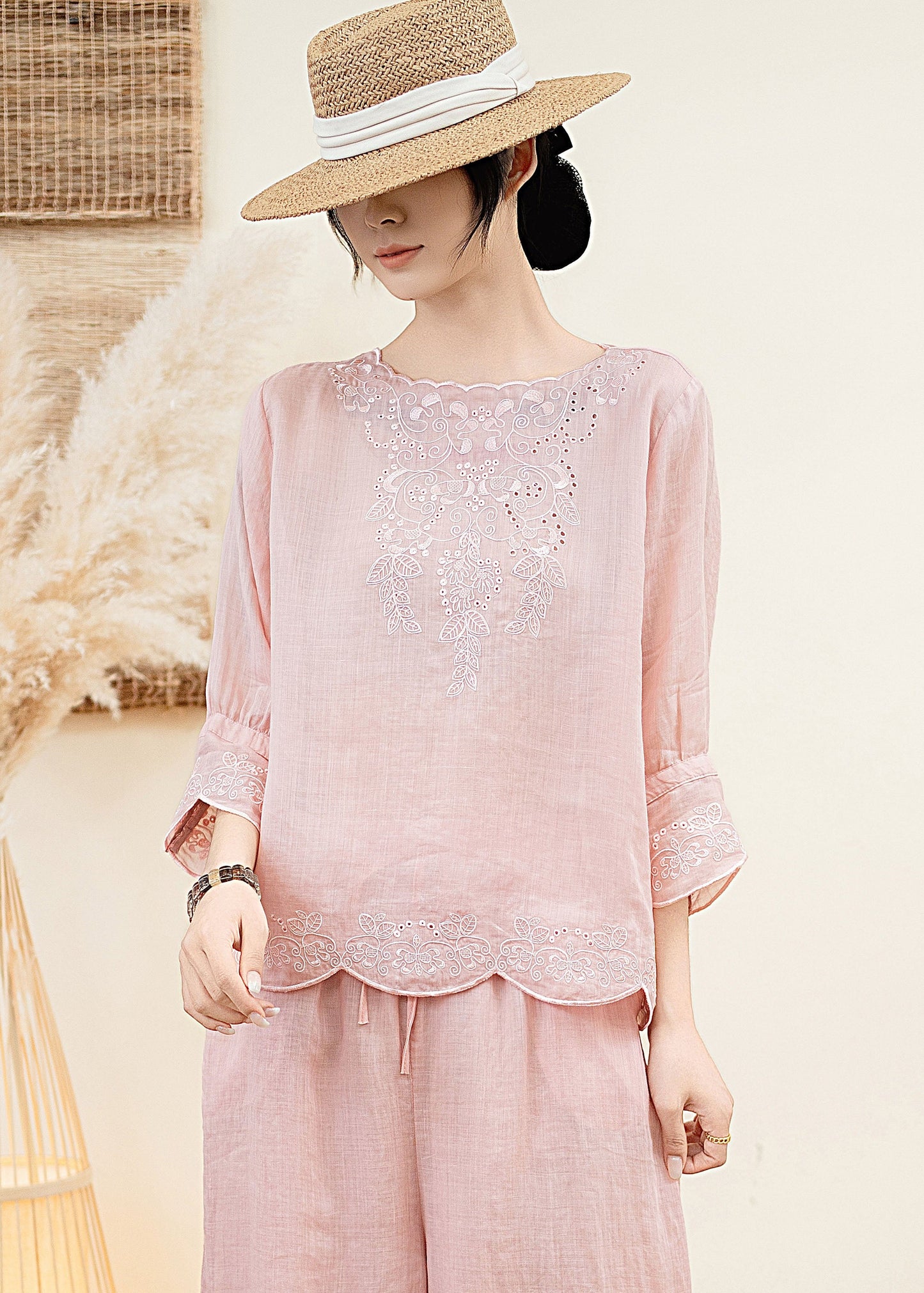 Orange O Neck Embroidered Linen Blouse Tops Summer