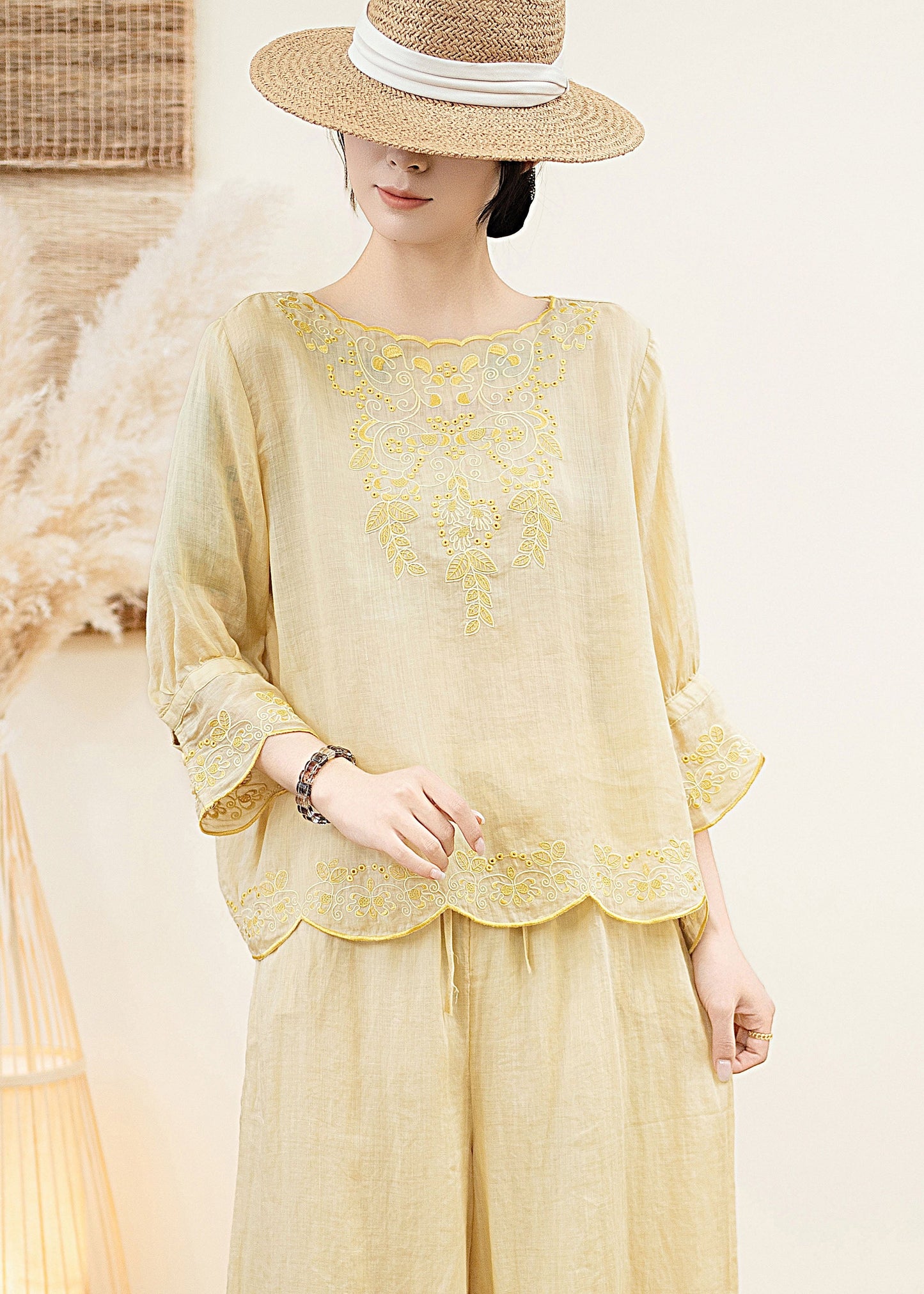 Orange O Neck Embroidered Linen Blouse Tops Summer