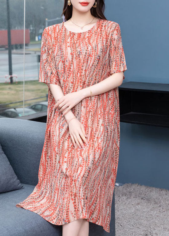 Orange O Neck Print Patchwork Chiffon Dress Summer