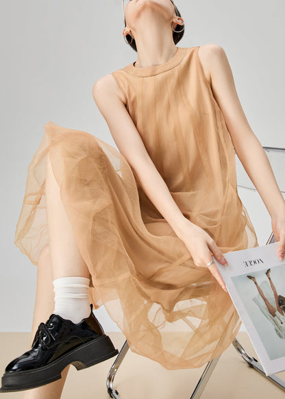 Orange O Neck Zippered Pockets Tulle Long Dress Sleeveless