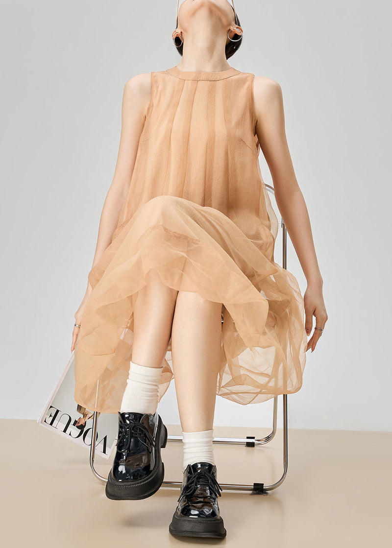 Orange O Neck Zippered Pockets Tulle Long Dress Sleeveless