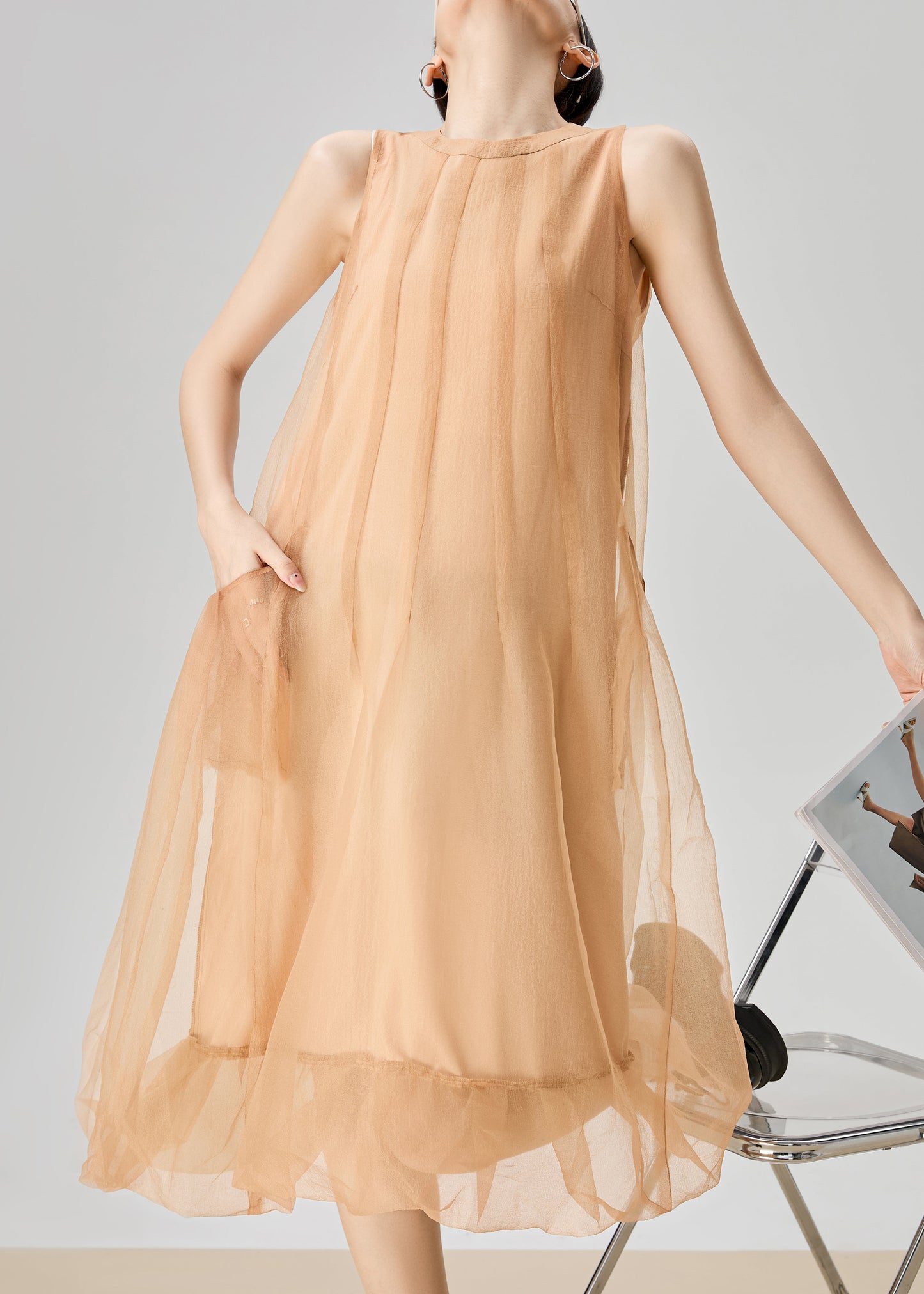 Orange O Neck Zippered Pockets Tulle Long Dress Sleeveless