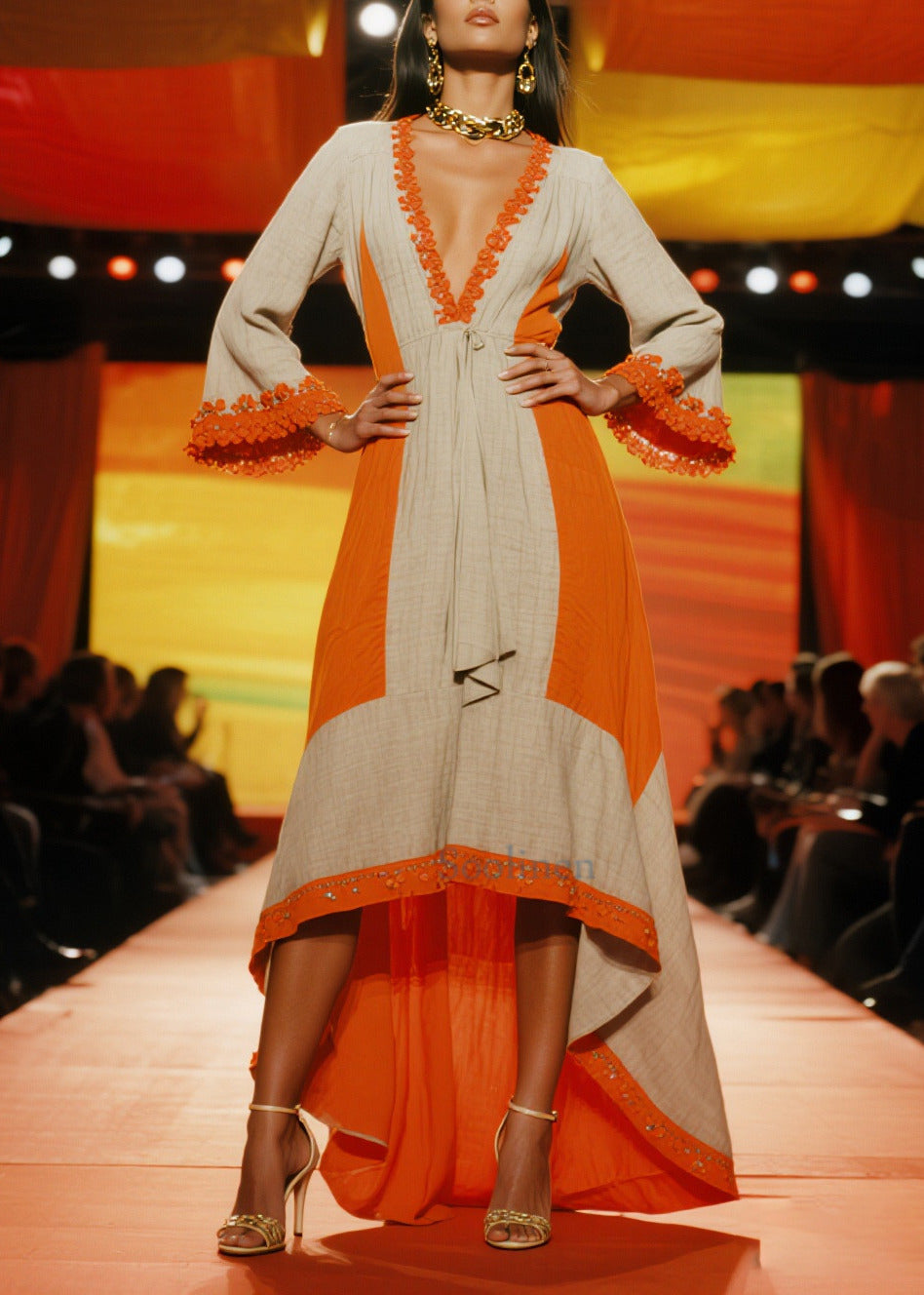 Orange Patchwork Low High Design Linen Party Dresses Summer