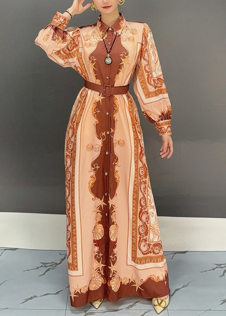 Orange Peter Pan Collar Print Cotton Maxi Dress Fall