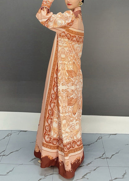 Orange Peter Pan Collar Print Cotton Maxi Dress Fall