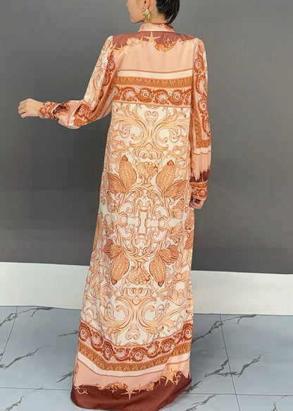 Orange Peter Pan Collar Print Cotton Maxi Dress Fall