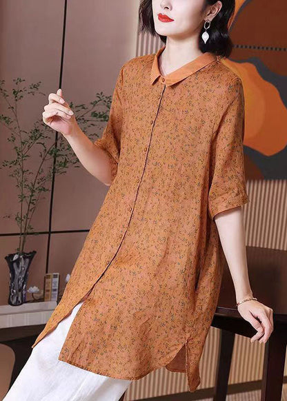 Orange Peter Pan Collar Print Patchwork Linen Shirts Top Summer