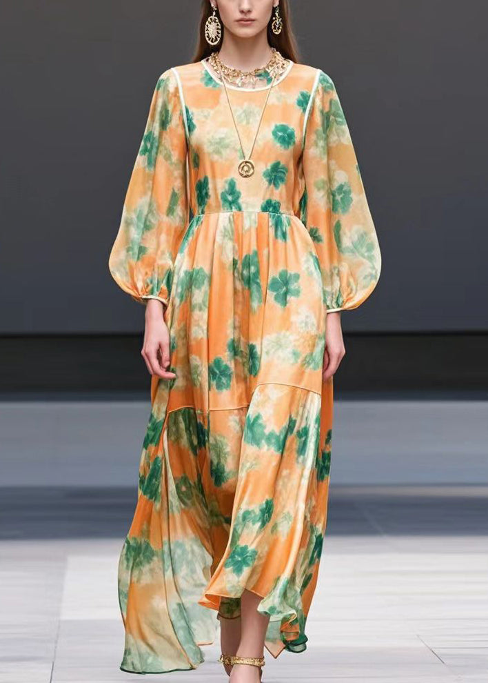 Orange Print Exra Large Hem Chiffon Long Dress Spring