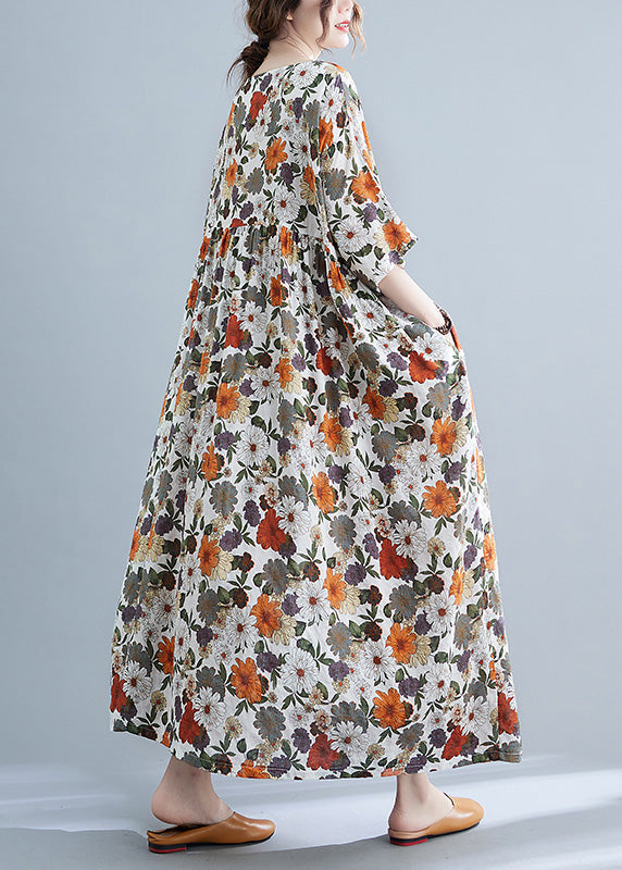 Orange Print Wrinkled Maxi Dresses Summer