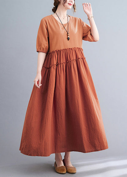 Orange Ruffled Patchwork Exra Large Hem Cotton Long Dress Summer