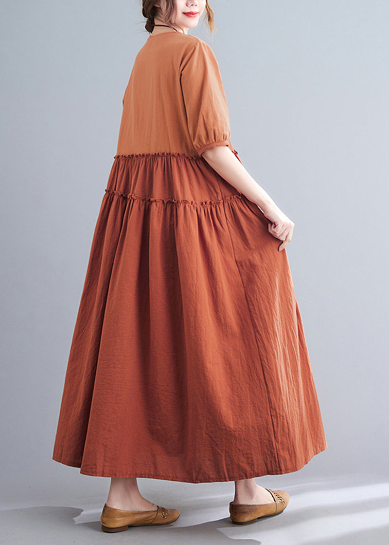 Orange Ruffled Patchwork Exra Large Hem Cotton Long Dress Summer