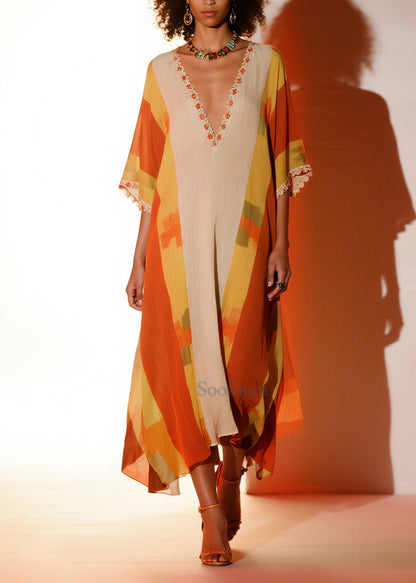 Orange Ruffled Print Chiffon Holiday Dress Summer