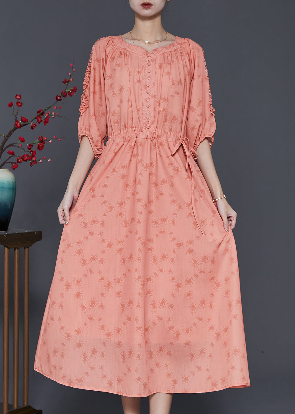 Orange Ruffled Print Linen Cinched Dress Summer