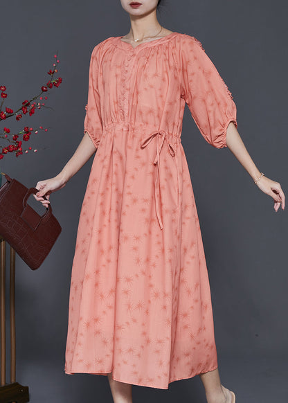 Orange Ruffled Print Linen Cinched Dress Summer
