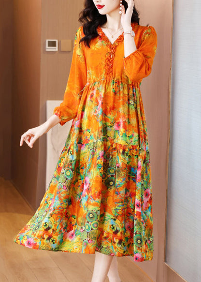 Orange Ruffled Print Patchwork Silk Long Dress Spring