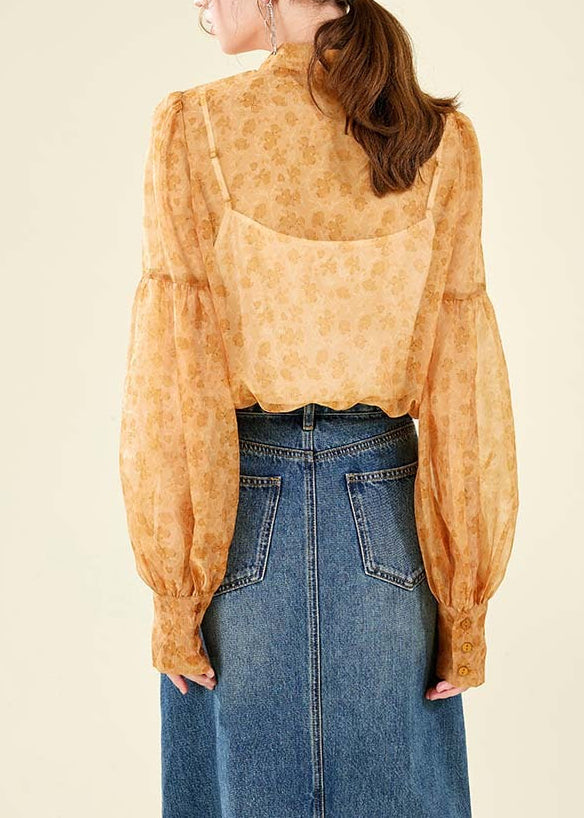 Orange Stand Collar Chiffon Top Lantern Sleeve