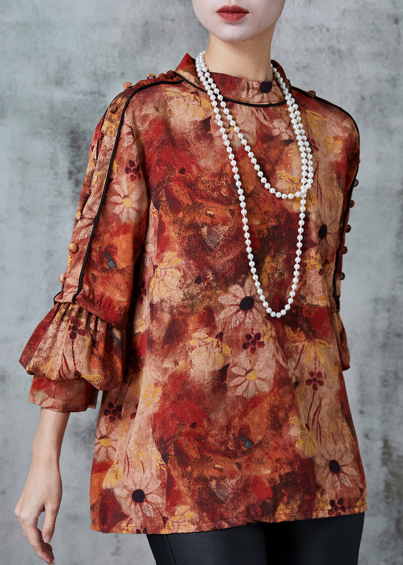 Orange Stand Collar Print Chiffon Blouses Spring