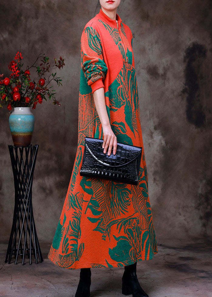 Orange Stand Collar Zip Up Jacquard Knit Robe Dresses Long Sleeve