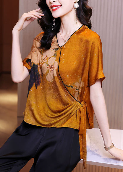 Orange V Neck Asymmetrical Design Tie Waist Print Silk Tops Summer