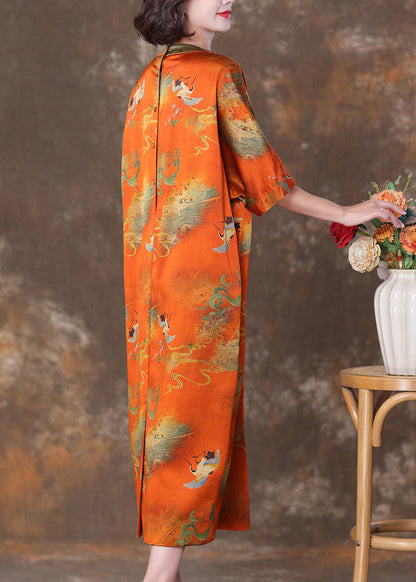 Orange V Neck Button Print Silk Long Dresses Summer