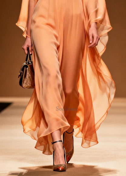 Orange V Neck Patchwork Chiffon Long Dress Summer