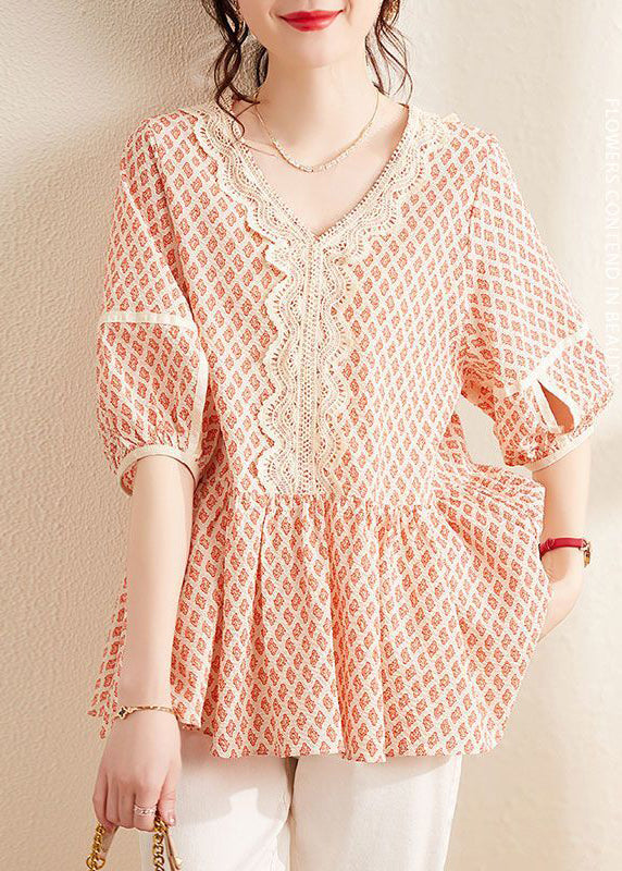 Orange V Neck Print Cotton Blouses Summer