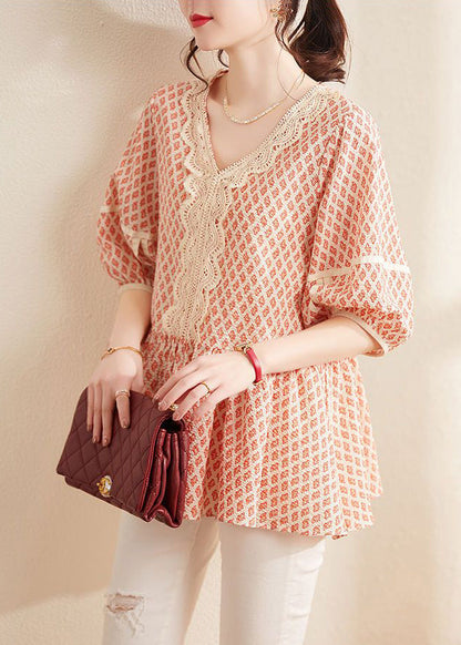 Orange V Neck Print Cotton Blouses Summer
