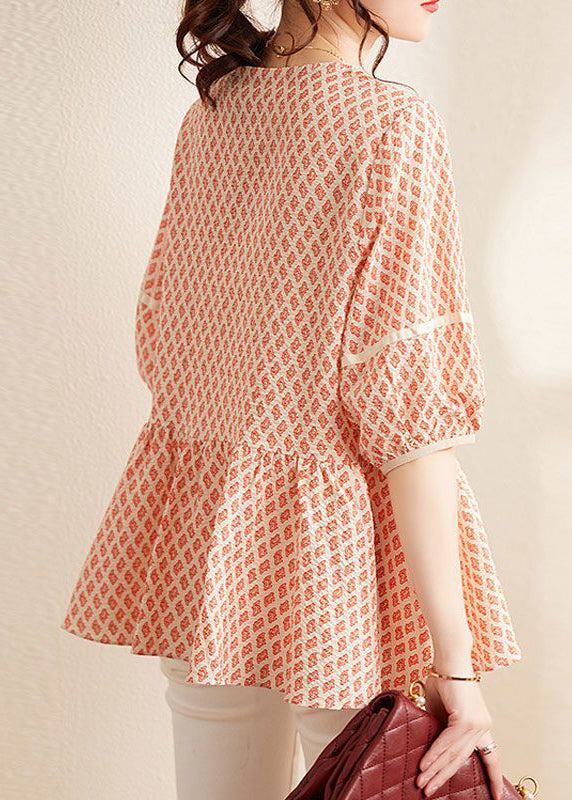 Orange V Neck Print Cotton Blouses Summer