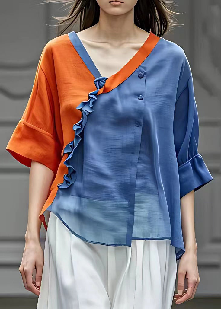 Orange V Neck Ruffled Chiffon Shirts Half Sleeve