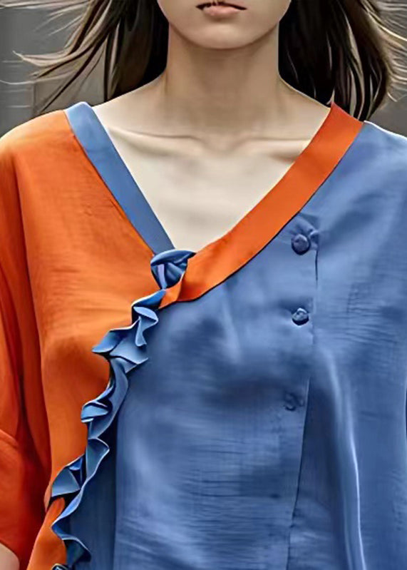 Orange V Neck Ruffled Chiffon Shirts Half Sleeve
