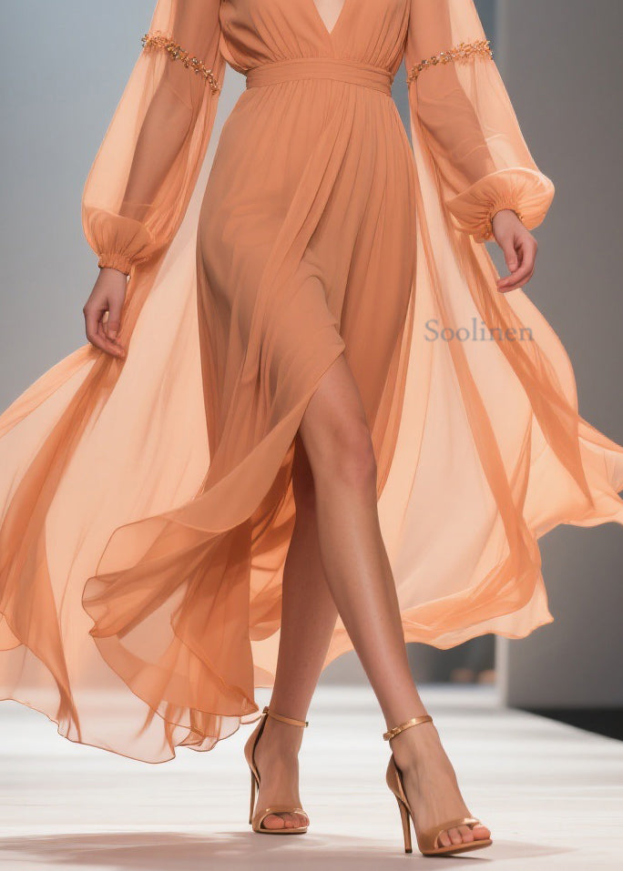 Orange Wrinkled Side Open Chiffon Long Dresses Spring